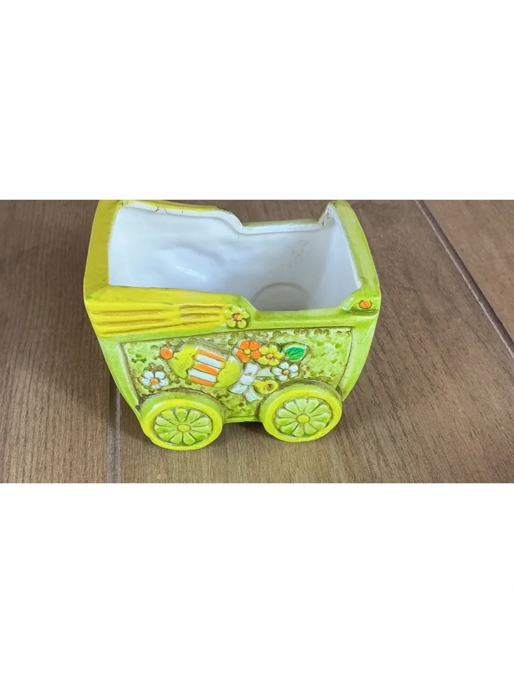 Vintage Ceramic Baby Buggy Planter Green Yellow Pram Nursery Baby Shower Decor